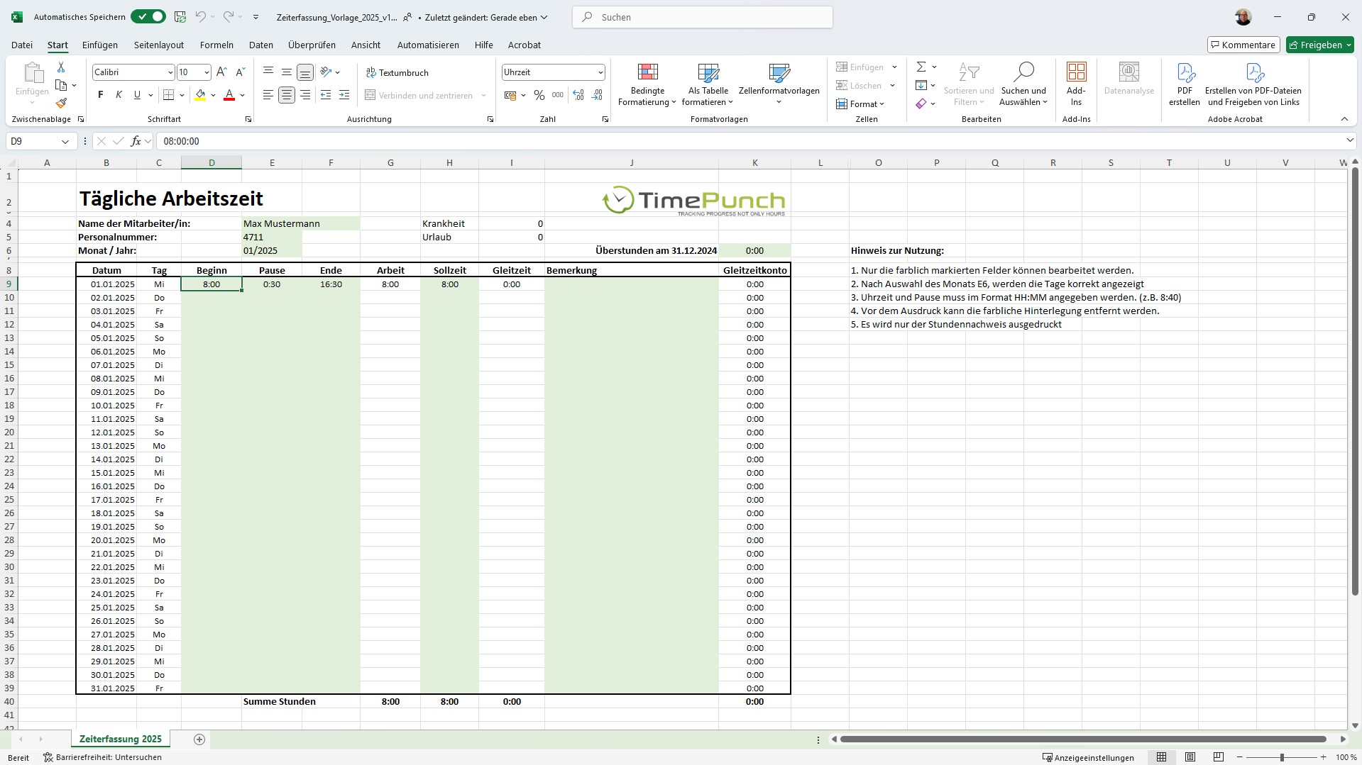 Kostenlose Excel-Vorlage zur Zeiterfassung 2025 – Effiziente